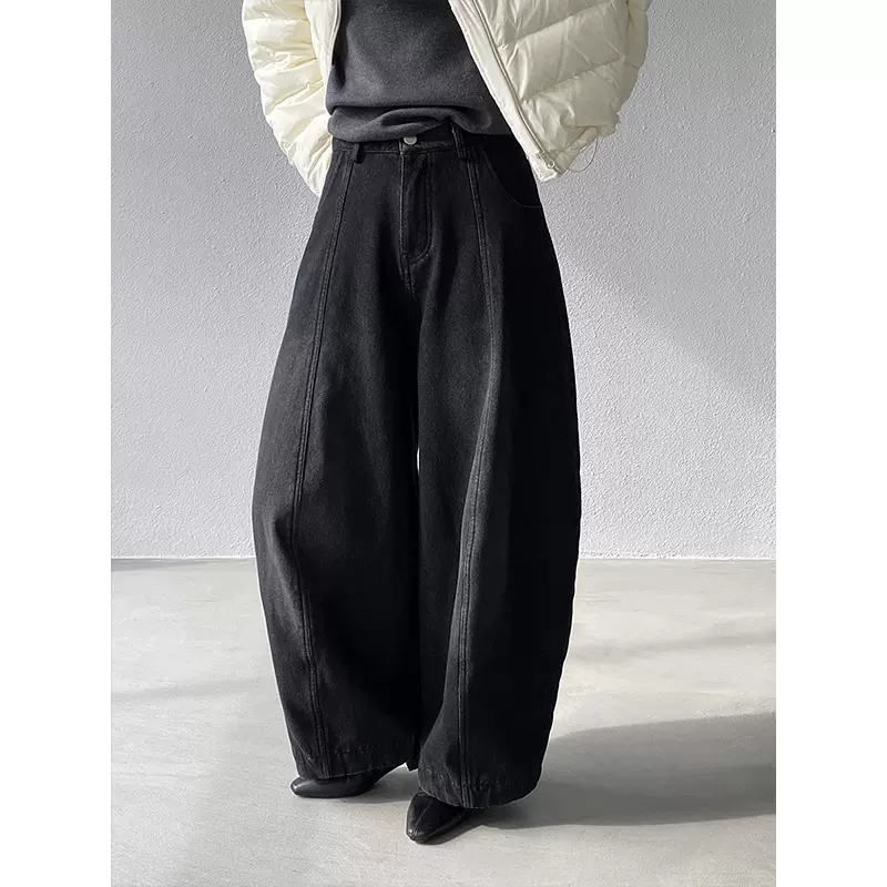 江左 简约加厚弯刀版型垂感十足牛仔裤女水洗直筒宽松阔腿裤6388