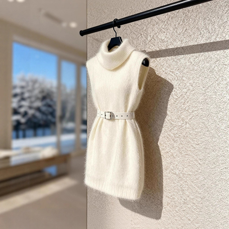 Skirt for Attending Important Occasions, Petite Elegant, Waist-Cinching Layered White Knitted Turtleneck Vest Dress for Winter Skirt for Attending Important Occasions, Petite Elegant, Waist-Cinching Layered White Knitted Turtleneck Vest Dress for Winter
