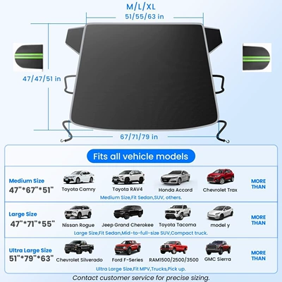 frost, front sunshade, winter cover, Car snow shield - black-47x67x51-inches-medium-size-reflective-edging-reflective-mirror-cover