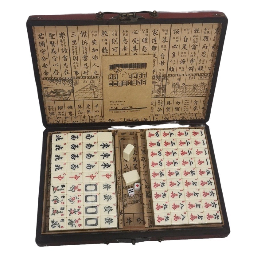 Cross-border supply of melamine mahjong milk white English mahjong wholesale digital dormitory mahjong tiles with antique mahjong box