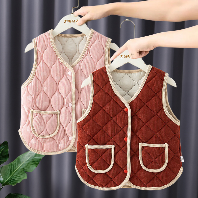 Chaleco de primavera y otoño para bebés, chaleco de calor a prueba de viento para mujeres, estilo extranjero y veludo, espeso nuevo hombro de algodón para niños