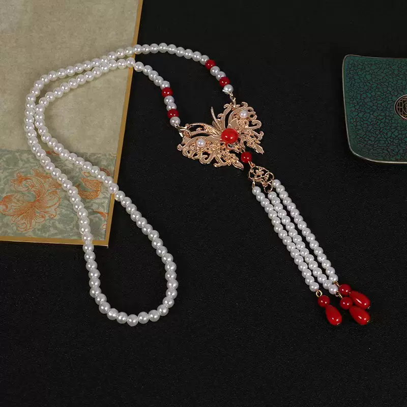 合金蝴蝶璎珞项链长款流苏复古宫廷古风明制汉服马面裙起旗袍配饰