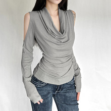 跨境欧美风2025冬季新款女装潮流百搭修身显瘦堆堆领挖肩长袖上衣