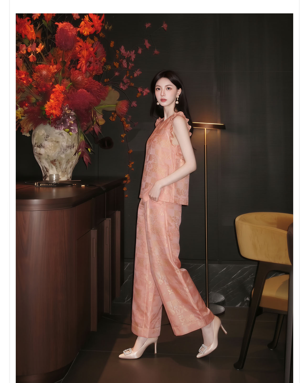 Bộ đồ nữ mùa hè phong cách tân trung hoa áo tay lửng phối quần ống rộng họa tiết jacquard — Trang chủ, bộ đồ, Quần dài chi tiết 3