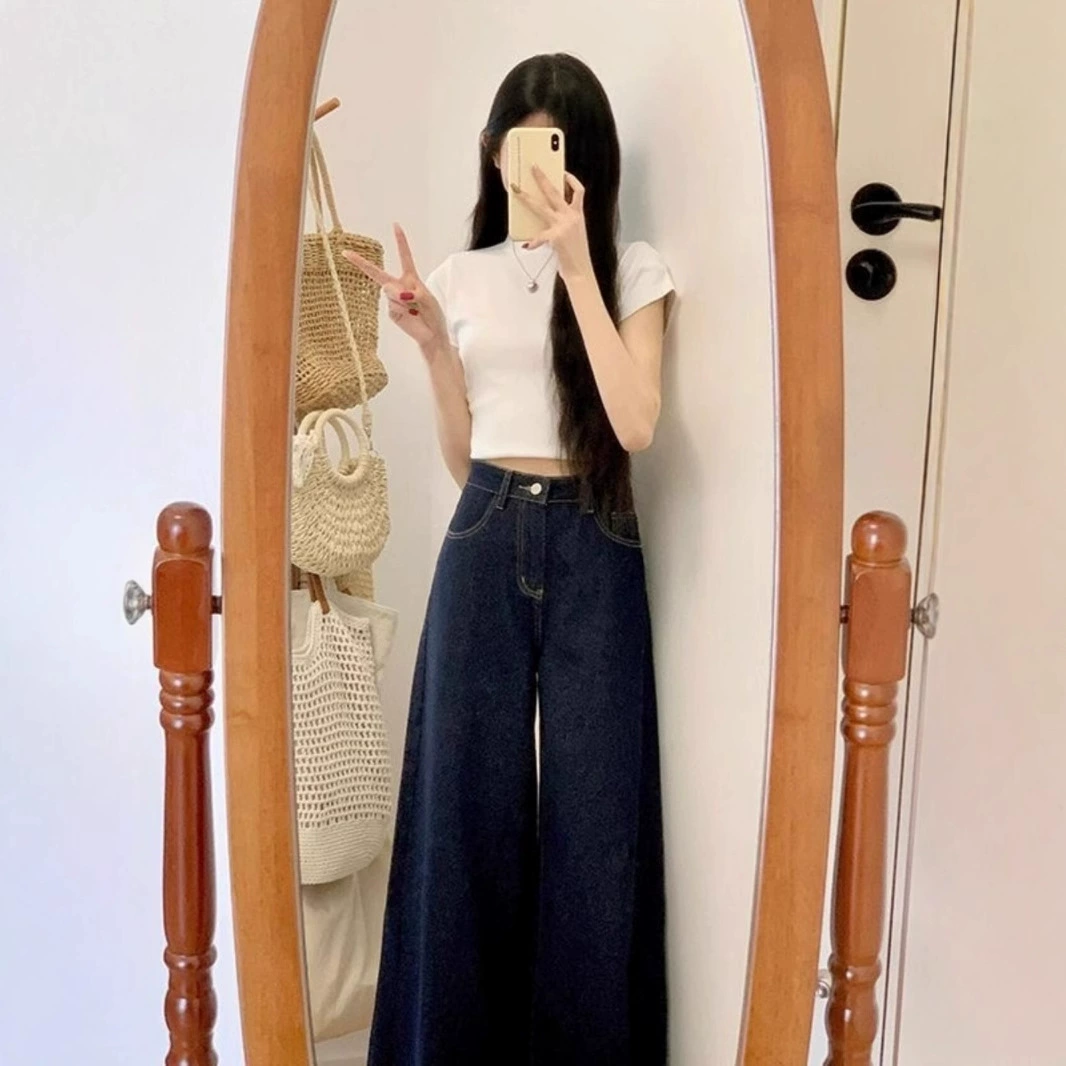 Women's Retro High-Waist Jeans Trousers, American Style, Loose Straight Fit, 92/98 cm Inseam