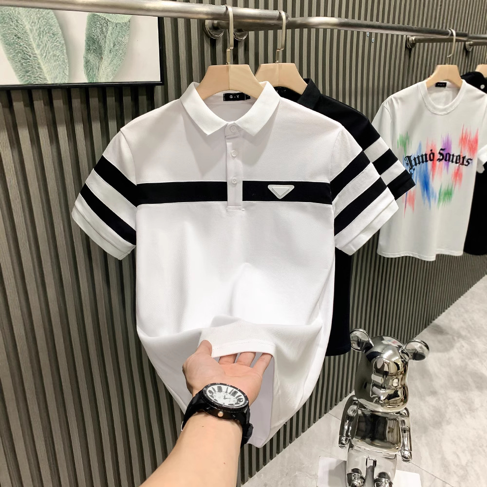 New Men's Black and White Stripesd Polo Shirt for Summer Wear, Mature and Stable Men's Clothing, Contrasting Color Lapel Short-Sleeved t