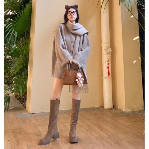 Korean Style Scarf Woolen Coat Women's Autumn and Winter New Style Super Nice-looking Short Woolen Coat for Small People