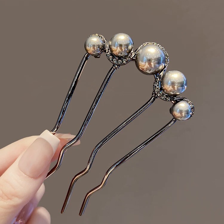 Pearl U-shaped hairpin with a sense of elegance, black, hair accessory for shaping hair, ancient-style modern Chinese hairpin, hairpin for shaping hair, head accessory.