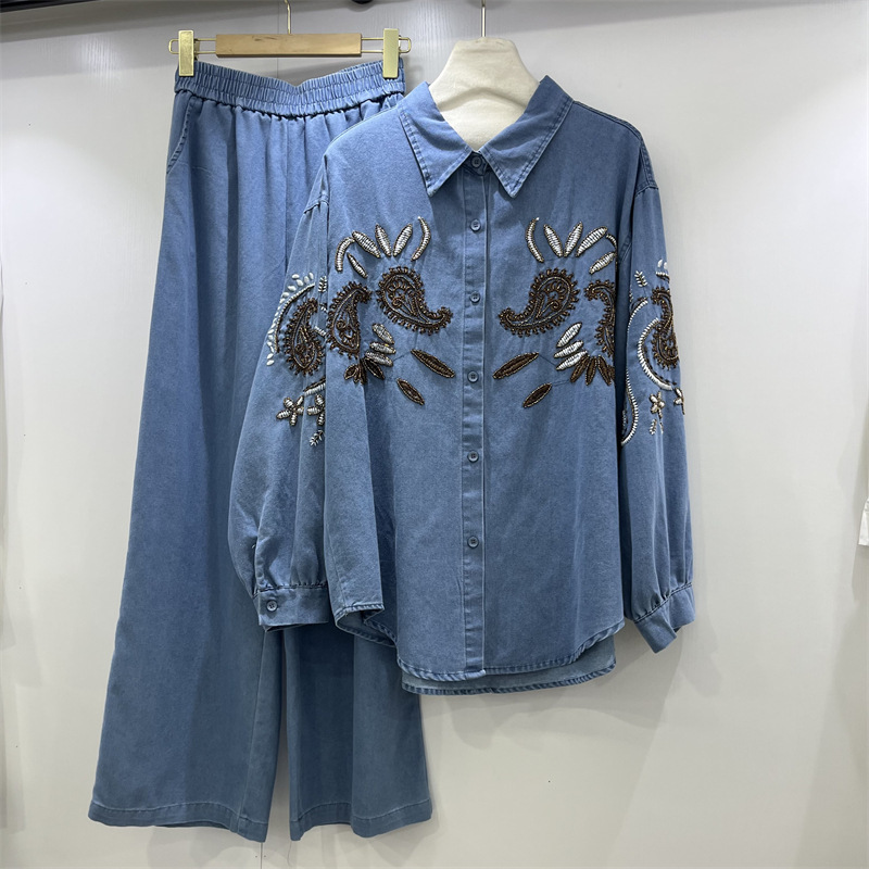 European Style Heavy-Duty Design Rhinestone Fashionable Pattern Denim Long-Sleeve Shirt Top + Elastic Waist Wide-Leg Pants Trendy European Style Heavy-Duty Design Rhinestone Fashionable Pattern Denim Long-Sleeve Shirt Top + Elastic Waist Wide-Leg Pants Trendy