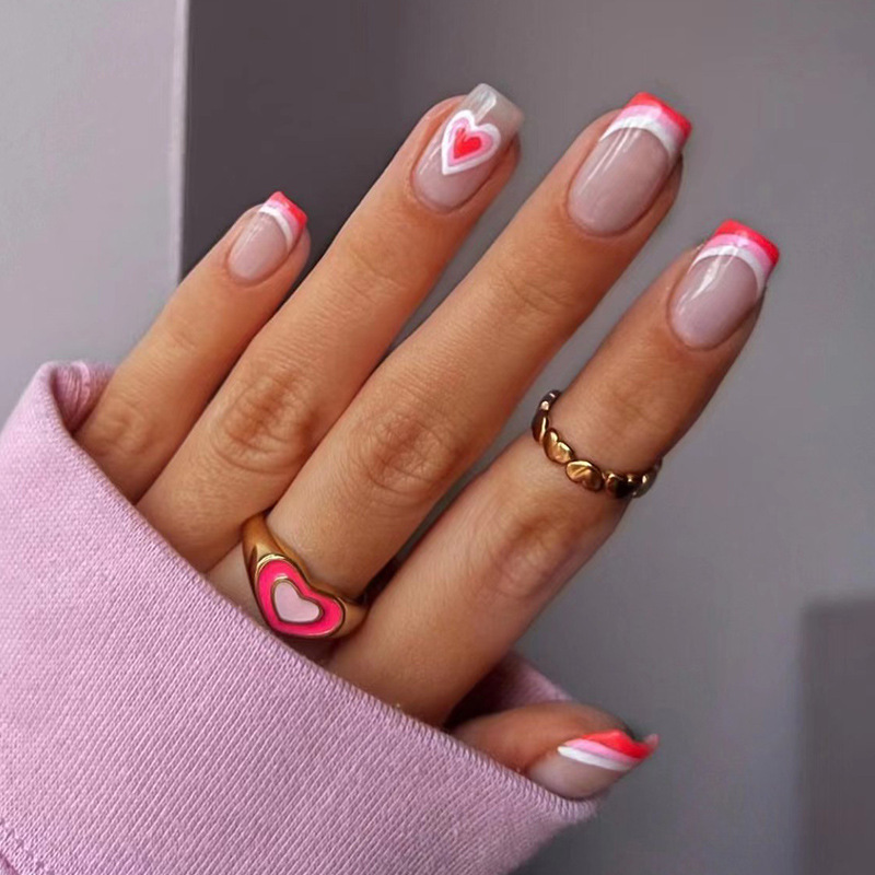 Wearable Nails Wholesale French White Pink Stitching Manicure Wearable Nails Wholesale Swirl Heart Valentine's Day Manicure Nail