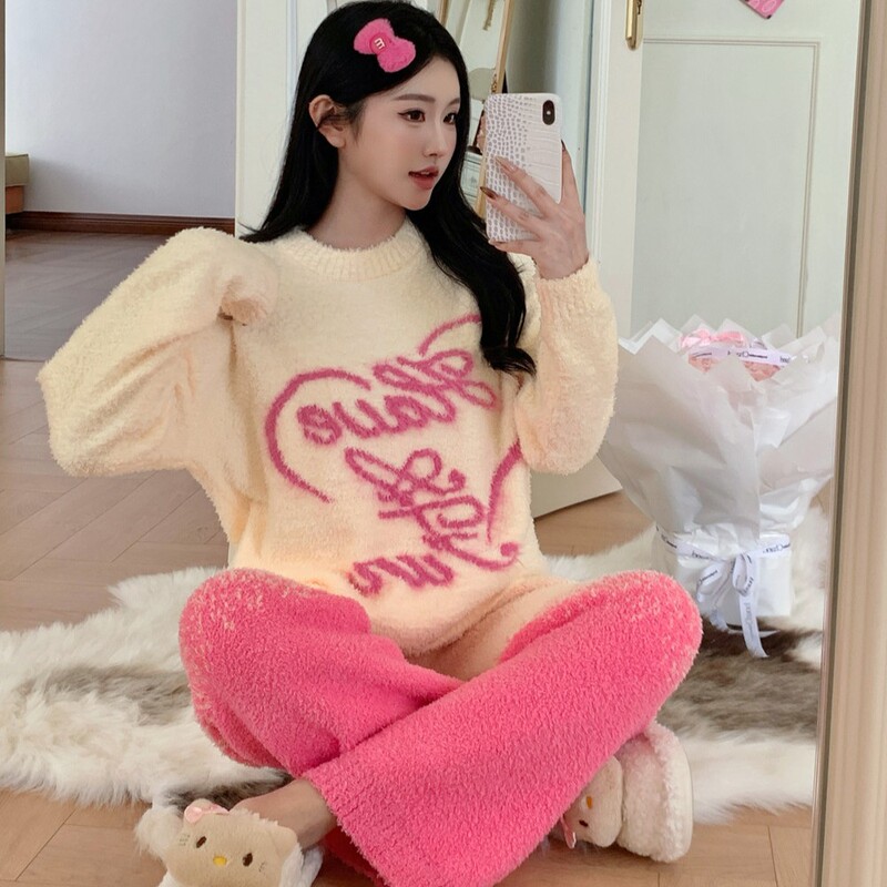 Winter Rui Oui Trendy Brand Color-Blocking Mink Fur Jacquard Pajamas Round Neck Thickened Warm Half-Fleece Loungewear