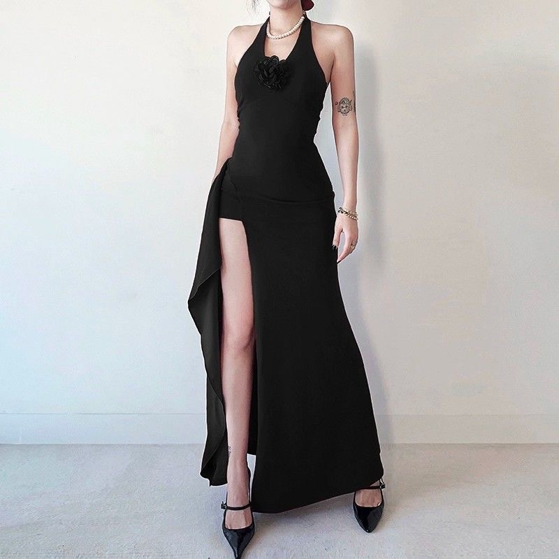 European and American-style Cross-border New Neck Backless Long Dress Women's Evening Dress Split Slim-fit Sleeveless A- line Dress for Summer