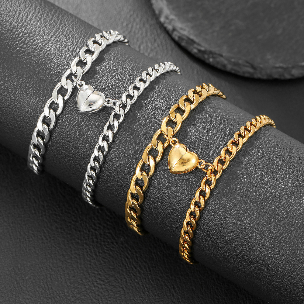 European and American Cross-Border Valentine's Day Stainless Steel Bracelet, Personalized Electroplated Nk Chain, Magnetic Love Heart Couple's Jewelry with Magnetic Attraction
