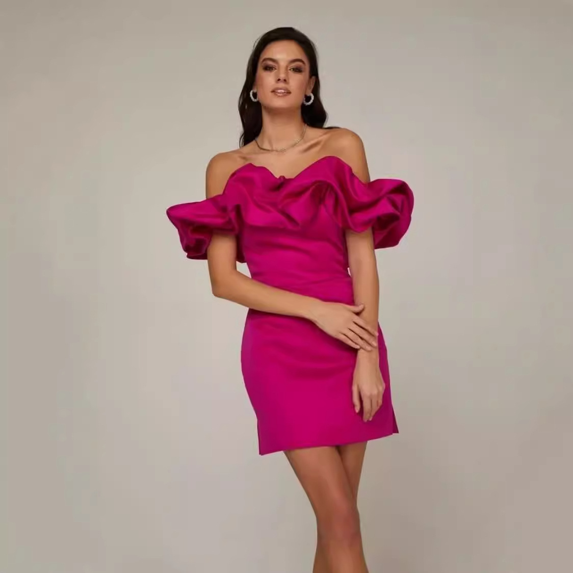 Foreign Trade European and American Women's Dress Ruffled Sexy off-shoulder dress Solid Color High-end Temperament Strapless Dress Dress