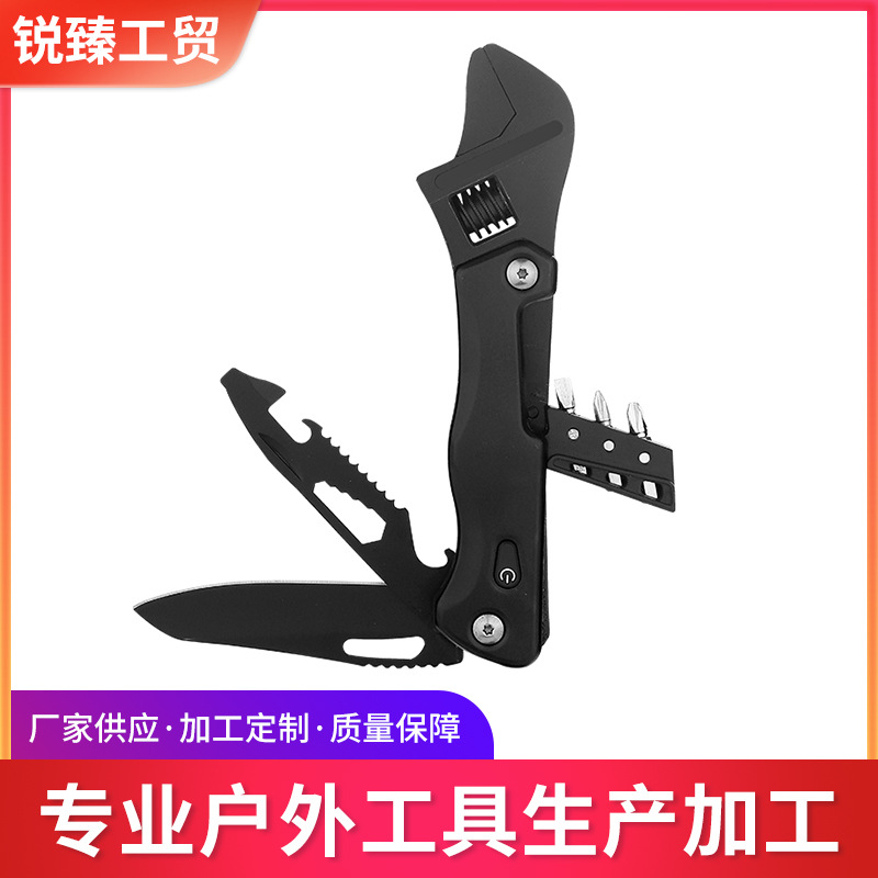 新款多功能活动扳手可调节式维修工具带三粒批头LED灯多用途扳手