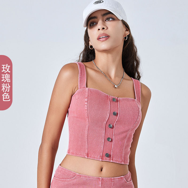 女性用イミテーションデニムフィットネスヨガベスト、高弾性U字型胸パッド、スリムメタルバックルスリングスポーツカジュアルトップ|undefined