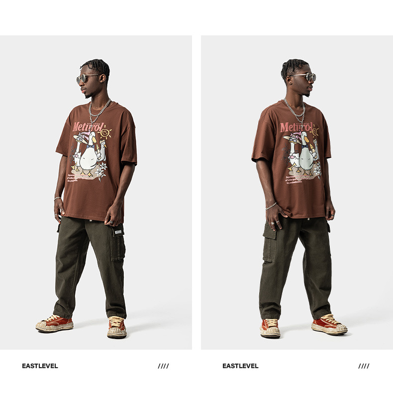 American Trendy Duck Print Kurzarm T-Shirt Herren Loose Oversize Trendy High Street Paar Vielseitiges T-Shirt_voghion.com