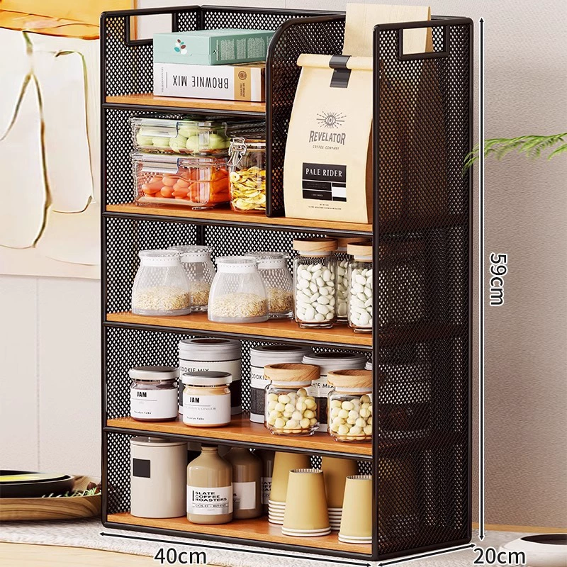 Desktop Storage Rack, Multi-Layer Mesh Frame with Oak/Teak Shelves, 2–5 Tier Options