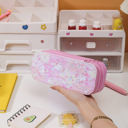 Triple A cartoon double-layer large capacity simple PU leather stationery bag, cute cartoon Korome pencil case