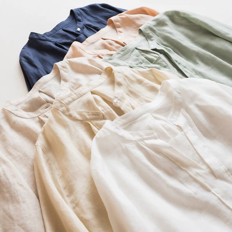 Japanese commuter simple 17*21 thin pure linen art half open collar long sleeve loose casual shirt top
