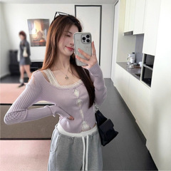 韩系假两件紫色针织打底衫女早秋chic甜辣妹蕾丝花边内搭短款上衣