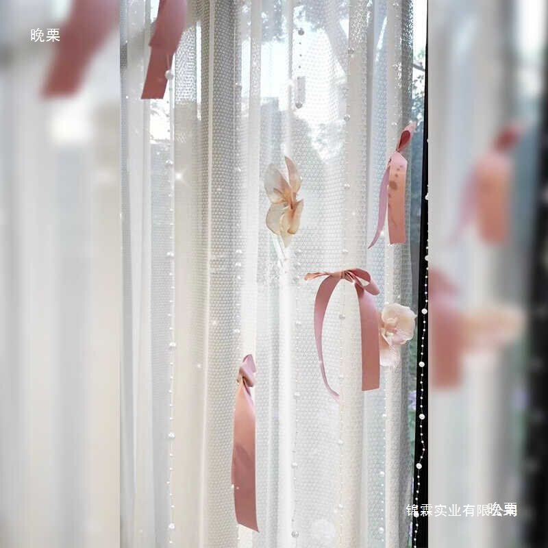 Pearl Ribbon Bow Door Curtain Hanging Decoration, Colorful Bead Chain, Home Wedding Preparation, Bridal Room, Girly Heart-Shaped Bay Window Hanging Decoration