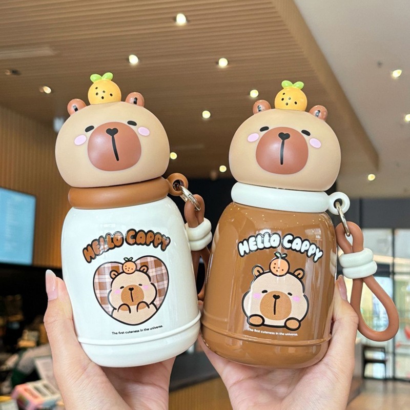 卡皮巴拉双饮保温杯学生儿童316不锈钢可爱卡通水壶便携吸管杯子|undefined
