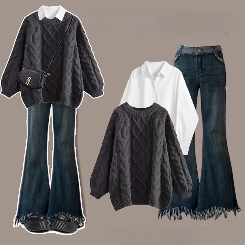Autumn and Winter Gentle Style Petite College-Style Knitted Sweater Jacket Shirt Flared Jeans Three-Piece Set for Women