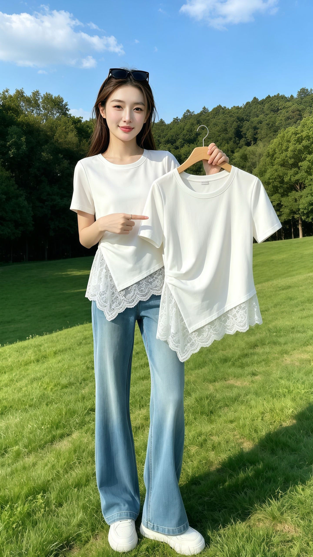 Áo thun nữ tay ngắn cổ tròn ren chắp vá gấu không đều — màu đen chi tiết 5