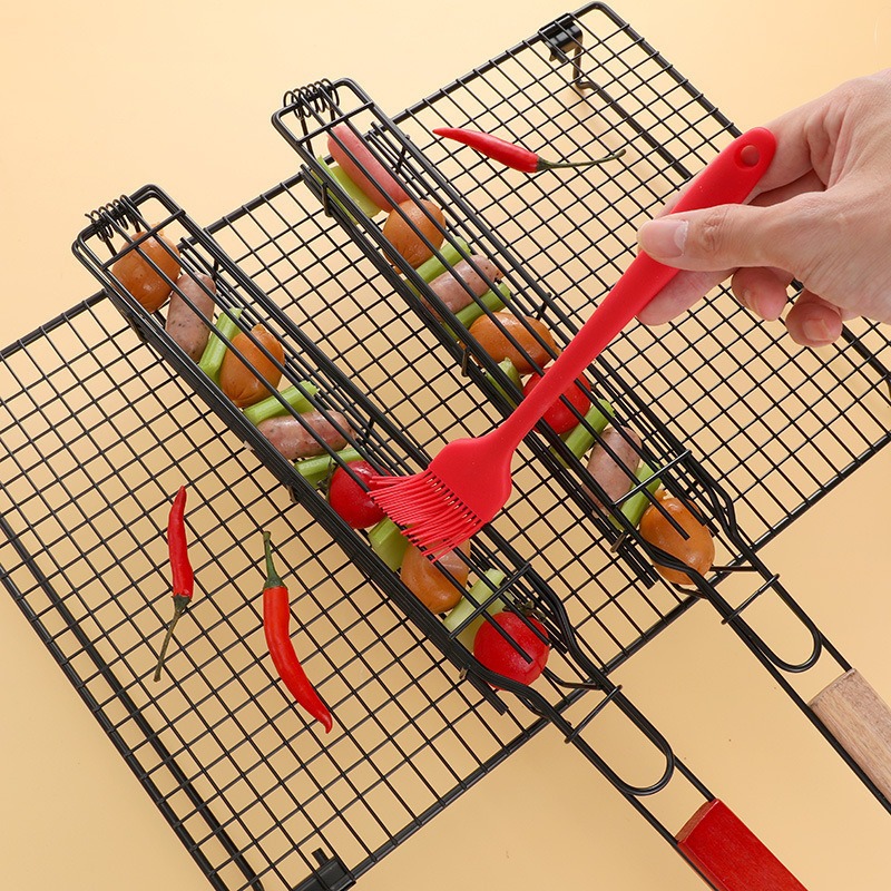 FCM certified outdoor wooden handle barbecue cage camping barbecue barbecue tool non-stick barbecue net picnic BBQ barbecue 2