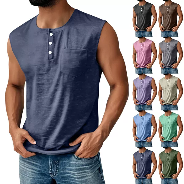 2025 European and American Cross-Border Men's Thin Vest Amazon Men's Henley Collar Buttoned Fitness Sports Top