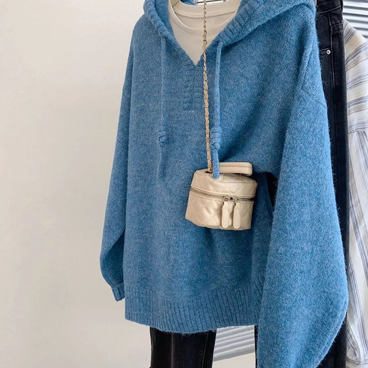 设计感纯色套头连帽毛衣女装秋冬季新款慵懒风宽松针织衫上衣