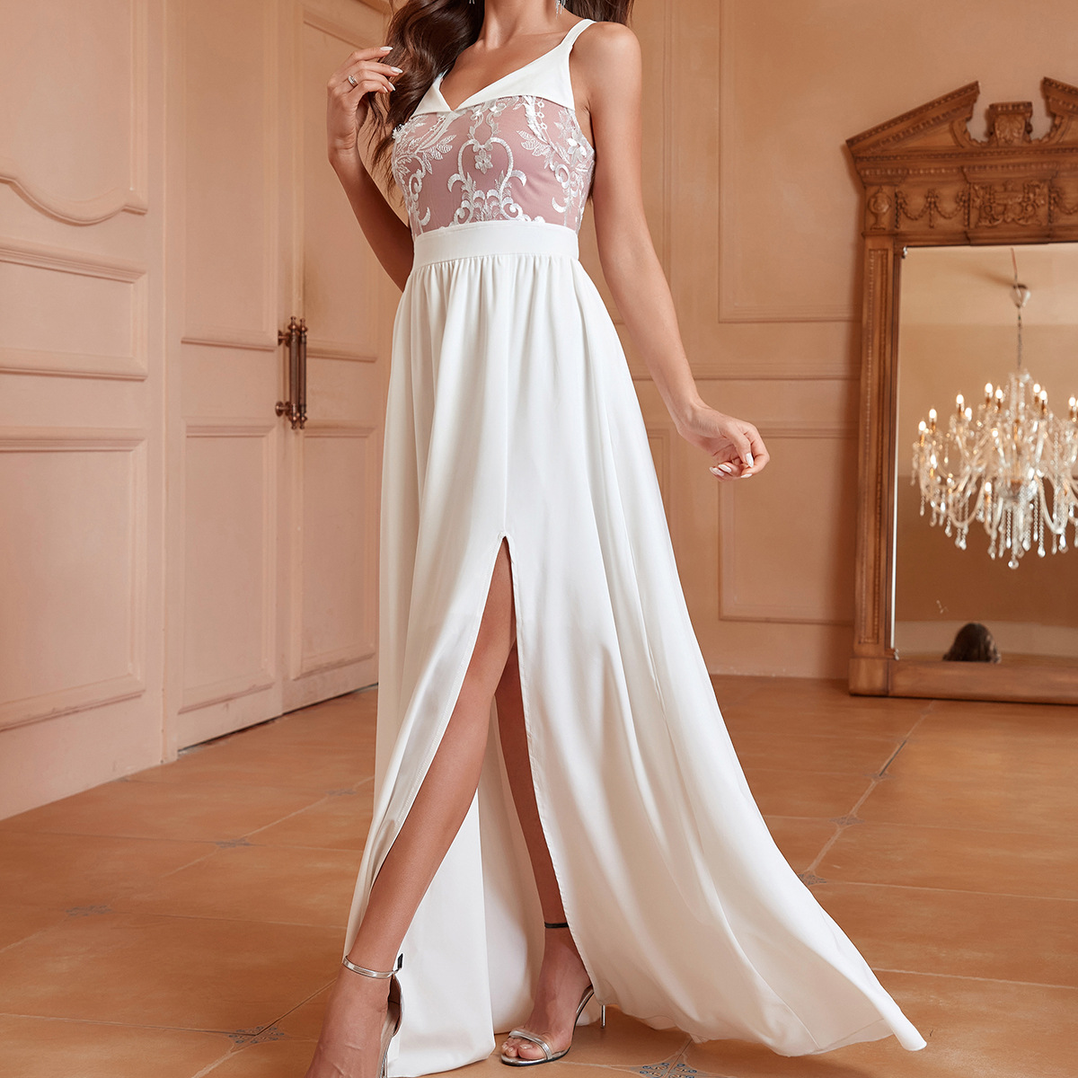 Ropa de mujer de comercio exterior de Europa y América Venta caliente color sólido sin espalda vestido largo transfronterizo encaje largo blanco sexy vestido dividido