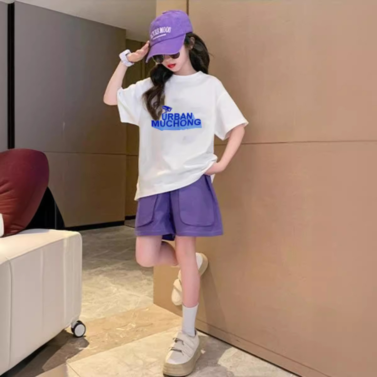 Traje deportivo para niños de niñas de verano estilo occidental de moda para niñas manga corta Internet celebridad pantalones cortos de moda para niños traje de dos piezas