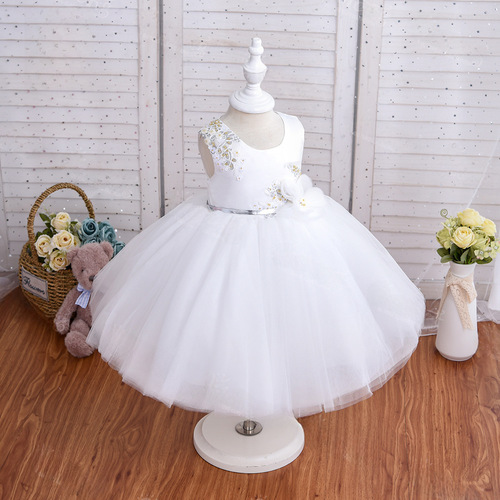 Ladies' Summer Cross-border Children's Dress with Tulle, Little Girl Piano Performance Dress, Solid Color Children's Princess Dress