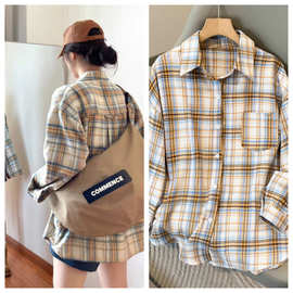 复古港风格子衬衫女设计感小众polo领长袖衬衣宽松上衣