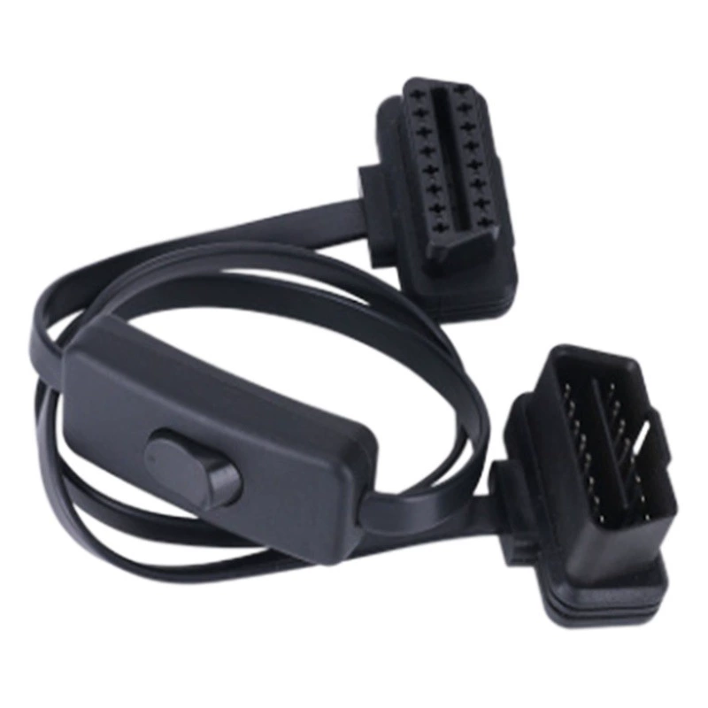 Кабель-удлинитель OBD2 (штекер-гнездо) с переключателем, 8-жильный плоский кабель для диагностических приборов ELM327, доступен для оптовой продажи.