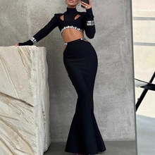 亚马逊跨境欧美高档女装工厂2024新跨境CUTOUT水钻派对两件套礼服