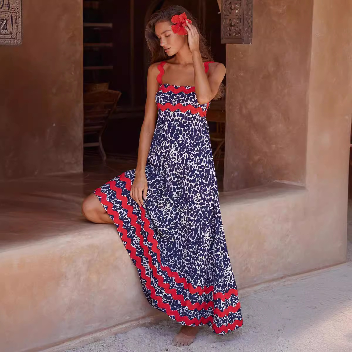 Spring New Cross-border Women's Fashion European And American Printed Vintage Bohemian Style Long Strap Dress_ecoleips.com