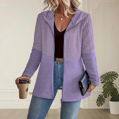 European and American women's autumn and winter solid color corrugated splicing casual loose women's hooded jacket outer