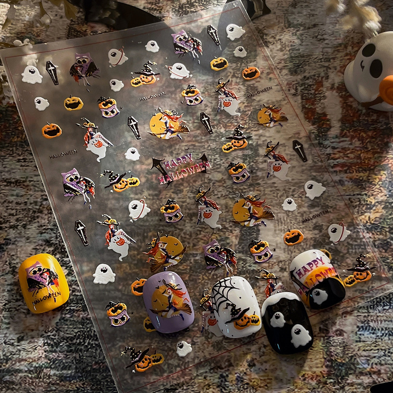 Halloween Nail Stickers Trendy Cute Ghost Pumpkin Owl Witch Adhesive Embossed Nail Stickers