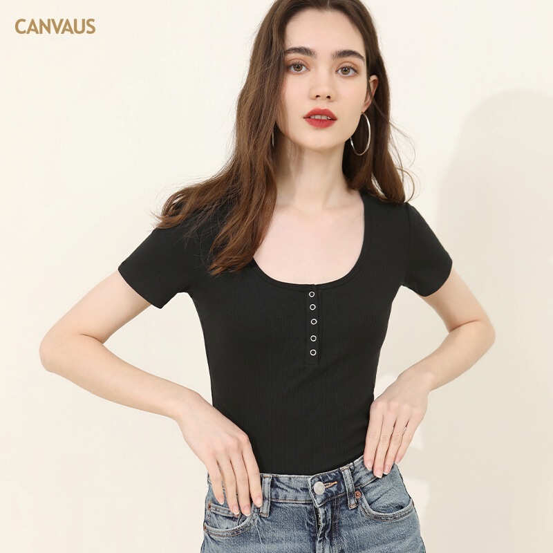 CANVAUS Korean Style Short-sleeved T-shirt Women's Button Henry Collar Casual Rib 2023 Summer Solid Color bm Style Top