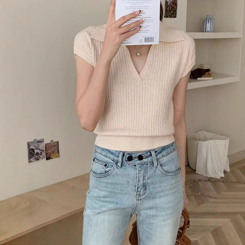 纯欲polo领辣妹设计感短袖上衣女装夏季新款独特别致绝美针织T恤|undefined