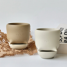 创意设计可爱小花盆陶瓷绿植迷你盆栽卡通陶盆透气陶土笑脸带托盘