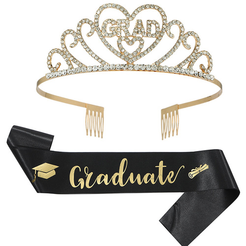 European and American graduation party crown shoulder strap ribbon 2-piece set alloy rhinestone letter headdress hair accessories graduated