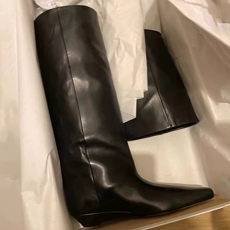 Коровья кожа версия ~ Винтажные сапоги рыцаря женский новый остроконечный наклон с прямым каблуком высокие сапоги без колен модные сапоги женские