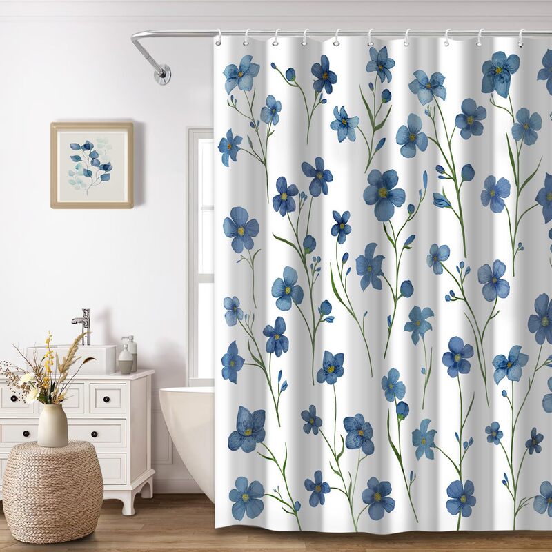 Cross-Border Shower Curtain Navy Blue Spring Flower Watercolor Shower Curtain Digital Printing Bathroom Toilet Waterproof and Mildew-Proof Partition Curtain