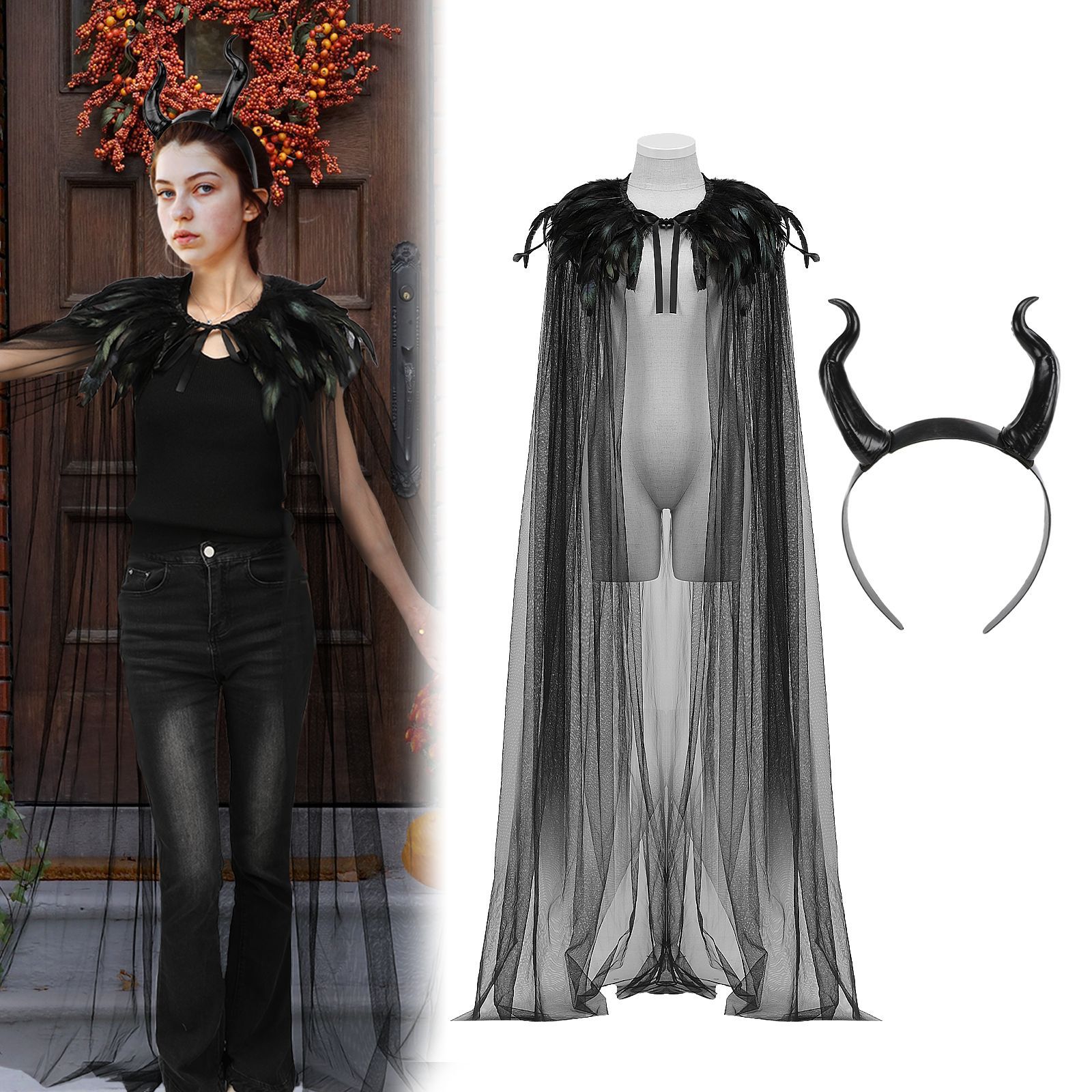 새로운 할로윈 깃털 망토 검은 모피 칼라 메쉬 망토 중간 길이의 스커트 무대 의상 망토