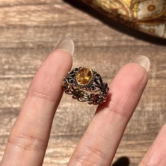 黑金色仿碧玺黄钻戒指新中式复古轻奢高级感镂空花丝指环