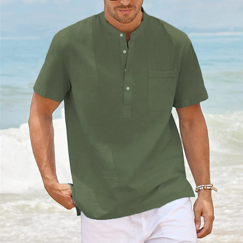 Herren Baumwollleinen Pullover Hemd Mit Stehkragen Kurzarm_voghion.com